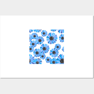 Watercolor Sunflowers Pattern - Blue Background Posters and Art